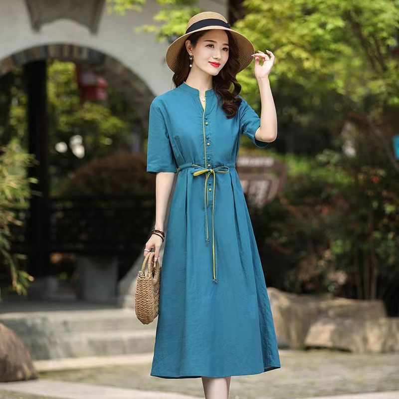 民族风棉麻连衣裙女高档气质中长款2025夏季新款宽松收腰显瘦时尚