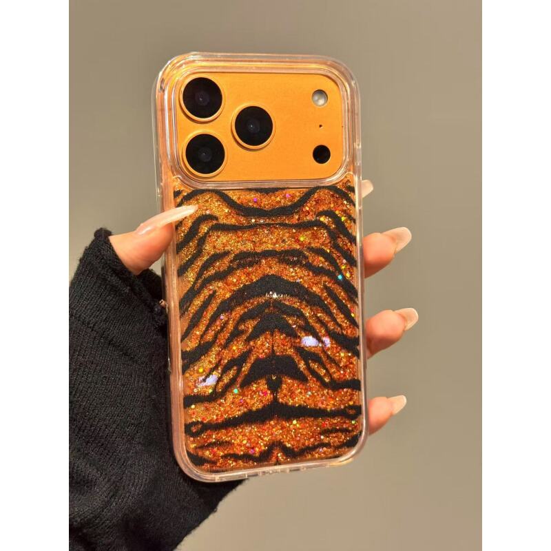 创意ins金箔闪粉流沙黑色虎纹适用iphone17promax苹果16p手机壳15