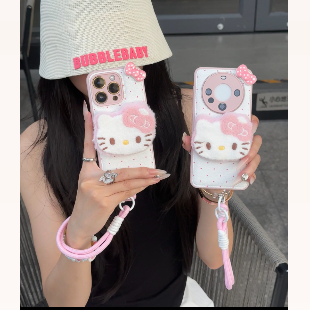 欧克里里粉波点毛绒kt猫挂绳适用苹果16手机壳小米vivoppo华为P60