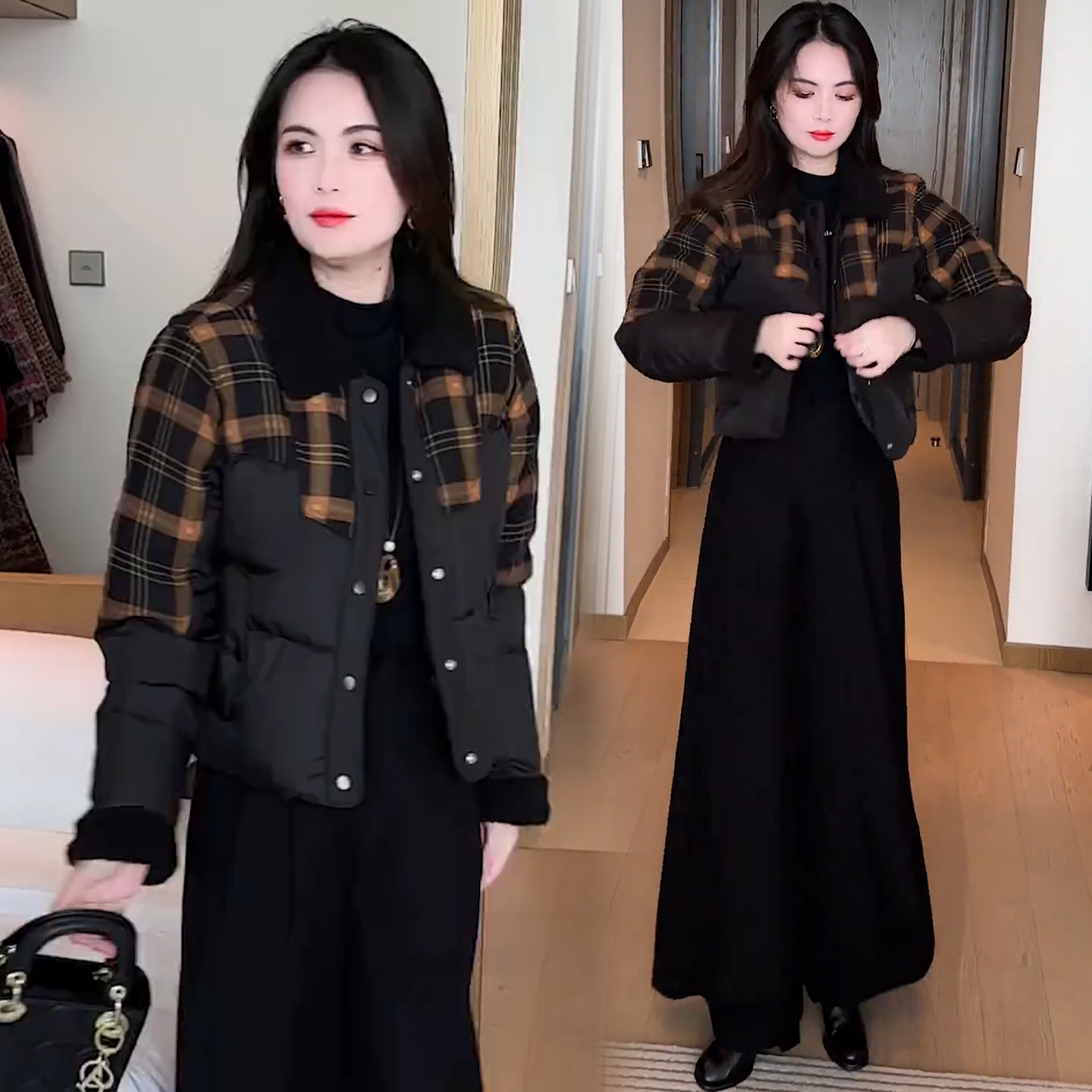 时尚羽绒棉服女2025冬季新款洋气宽松显瘦格子拼接面包服保暖棉袄