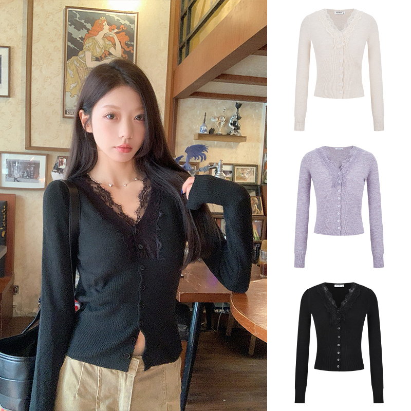 Moses Queen/魔西女王蕾丝拼接V领针织开衫女秋冬设计感外套外搭