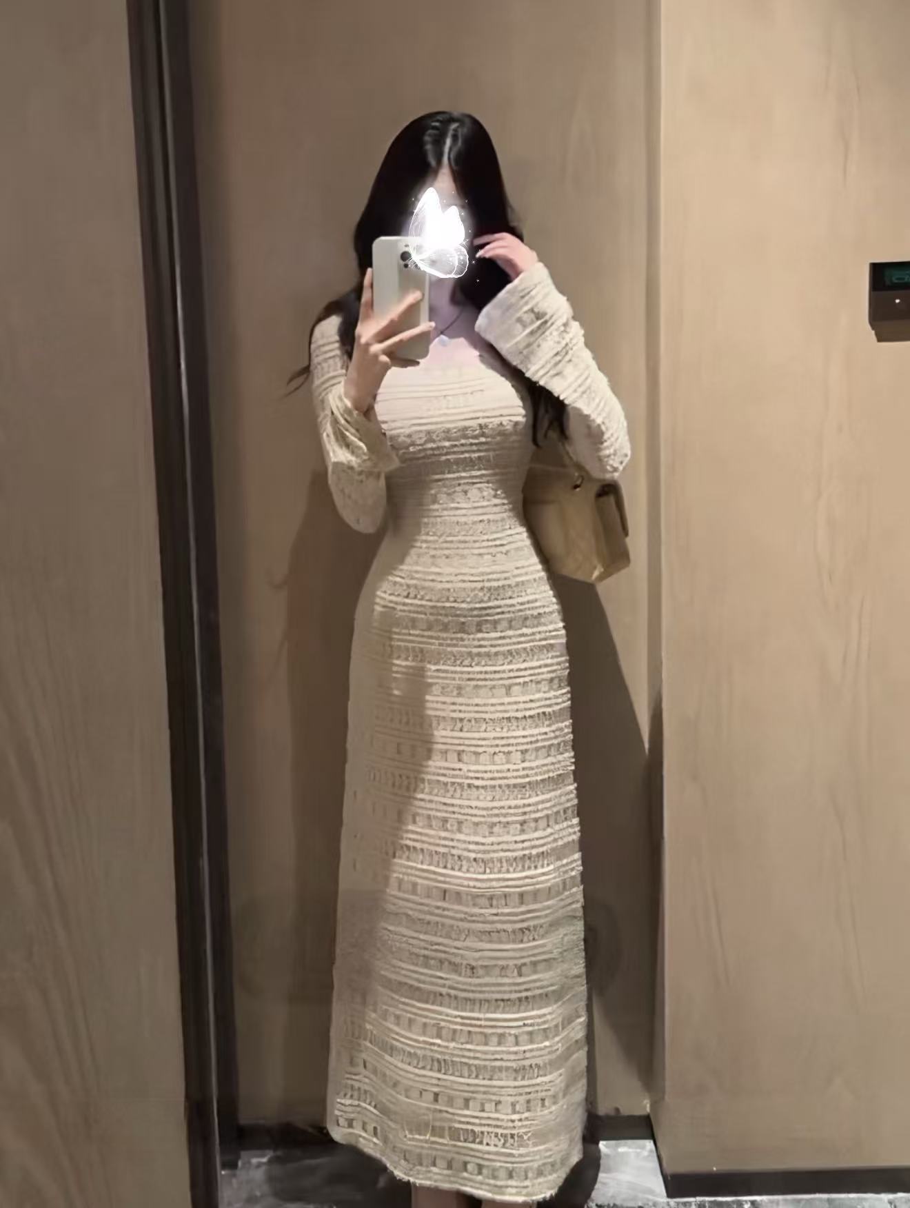 法式方领针织镂空连衣裙早秋气质名媛长裙