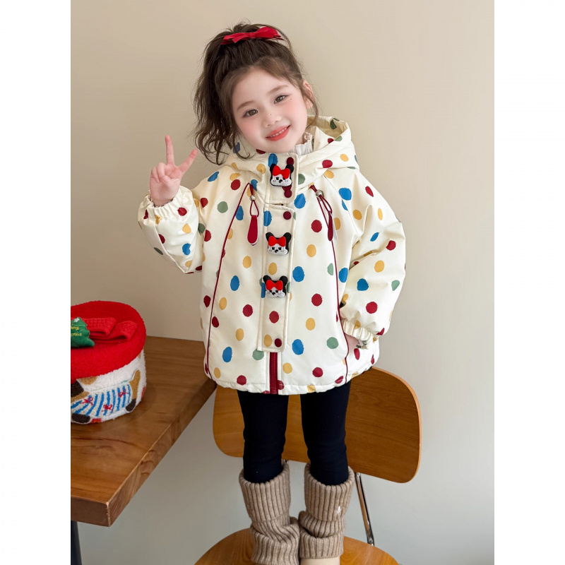 女童夹棉外套秋冬季2025新款女宝宝洋气加厚冬装儿童卡通圆点上衣