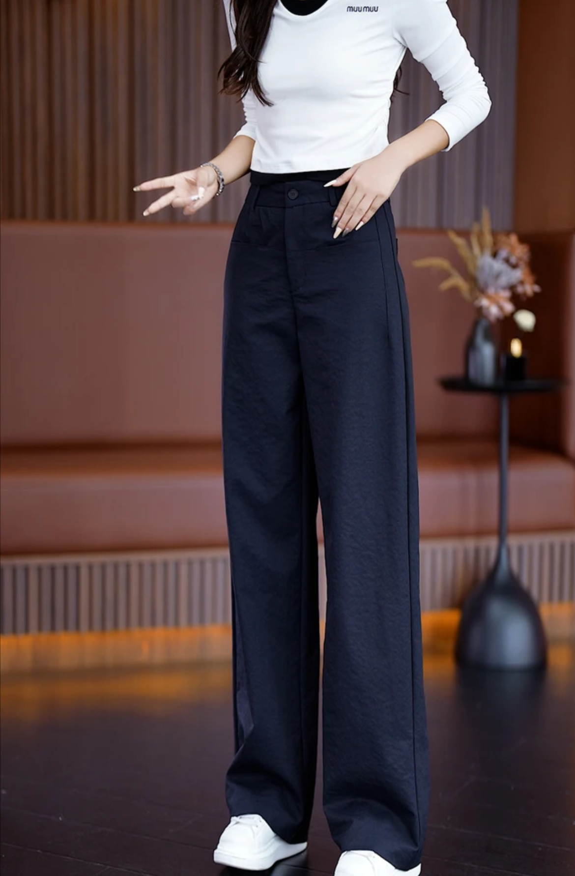 藏青色休闲裤子女春秋2025新款爆款窄版阔腿裤高腰宽松西装直筒裤