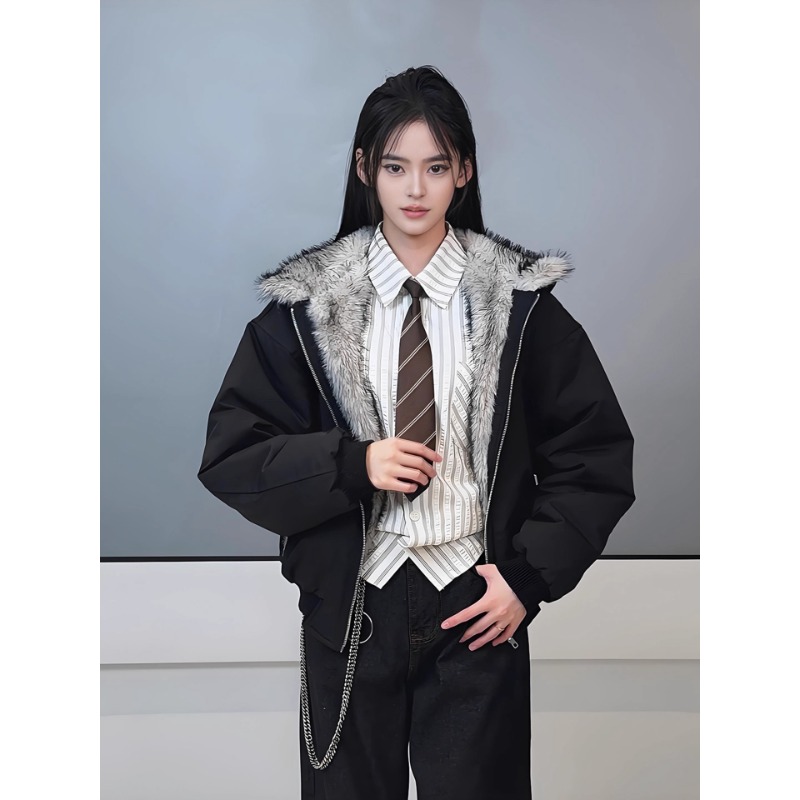 黑色狼王毛领座山雕棉服男冬季加绒加厚保暖棉衣美式皮毛一体外套