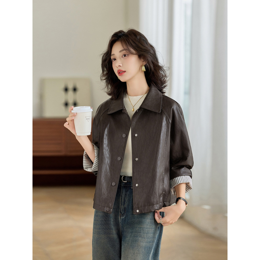 拼接朋克风半开领薄款秋季皮衣韩版复古短款宽松百搭春秋气质牛仔