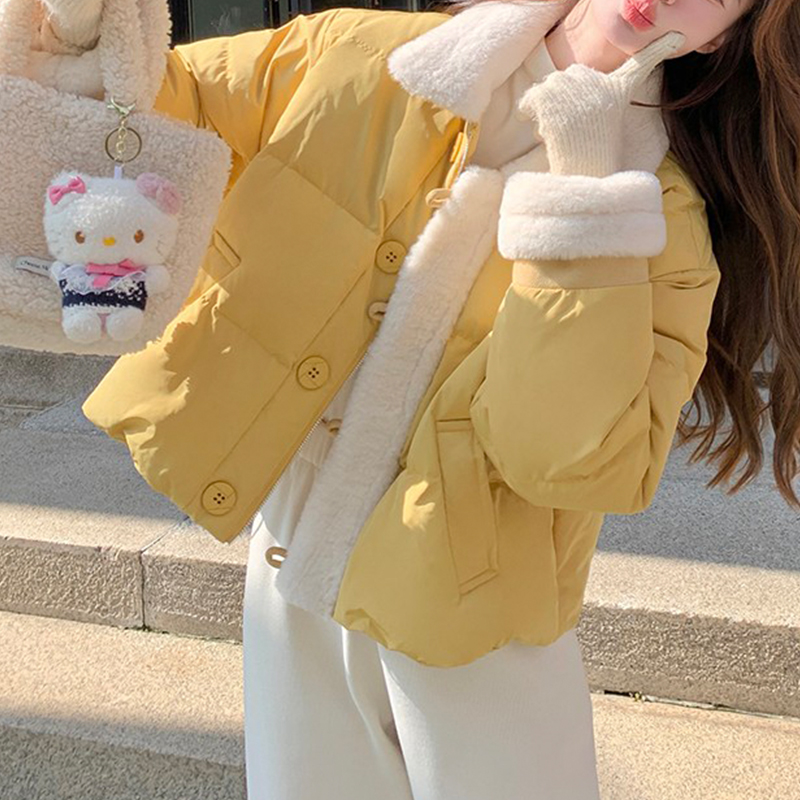 奶fufu黄色短款棉服女2025冬季新款小个子水貂毛拼接面包服外套