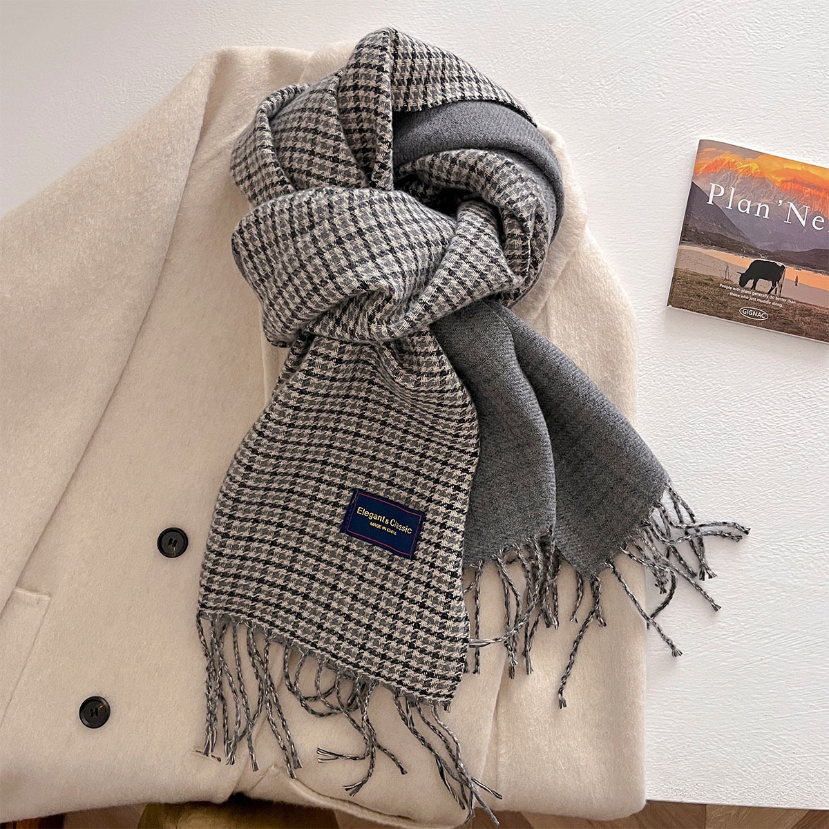 保暖百搭厚款防尘千鸟格极简格子围巾加厚灰色纯色秋冬季