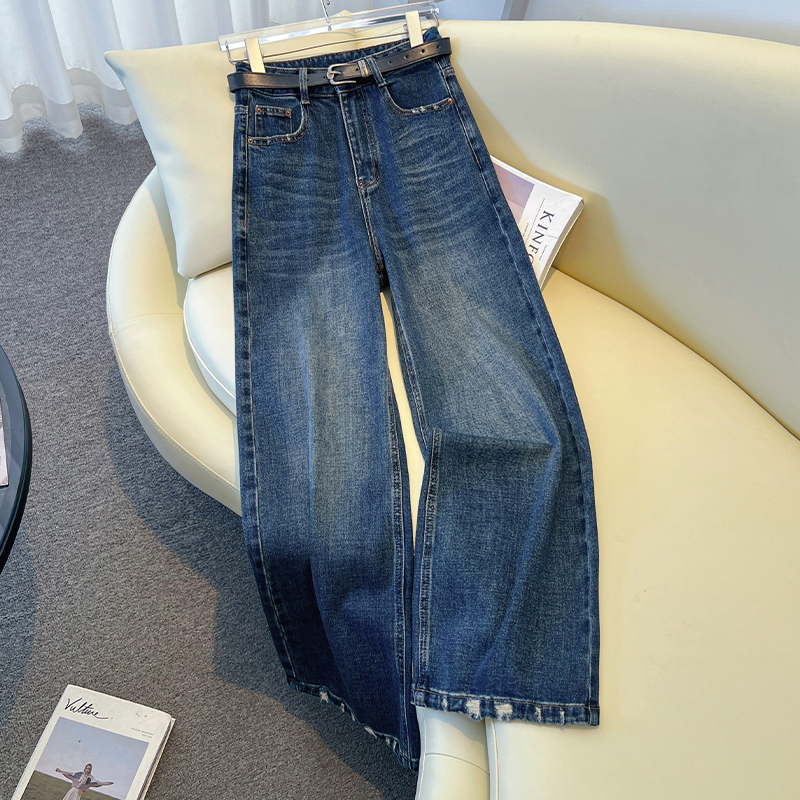 美式复古磨毛牛仔裤女2025年秋季新款高腰宽松拖地裤直筒阔腿裤子