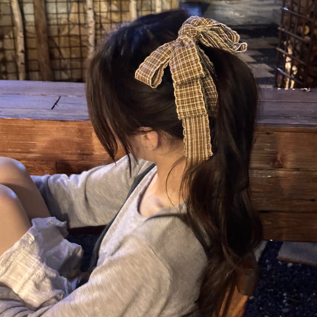 韩国东大门2026新款高级感格纹蝴蝶结高马尾减龄香蕉夹女发夹头饰