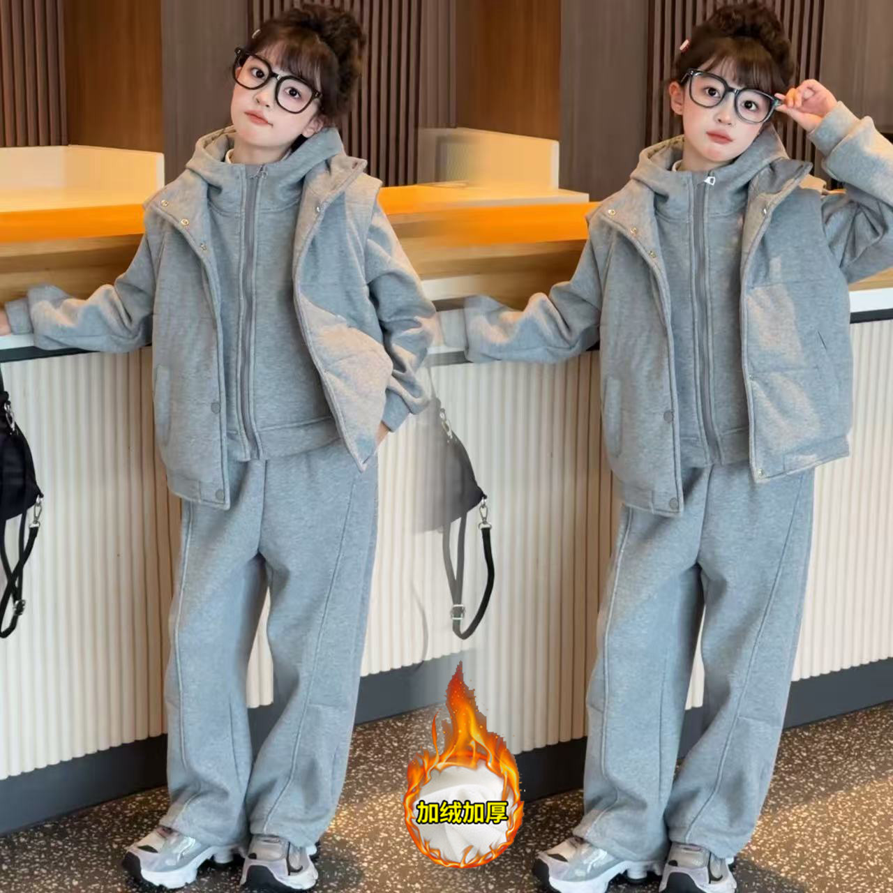 女童秋冬加绒加厚运动服洋气女大童冬季一体绒马甲卫衣卫裤三件套