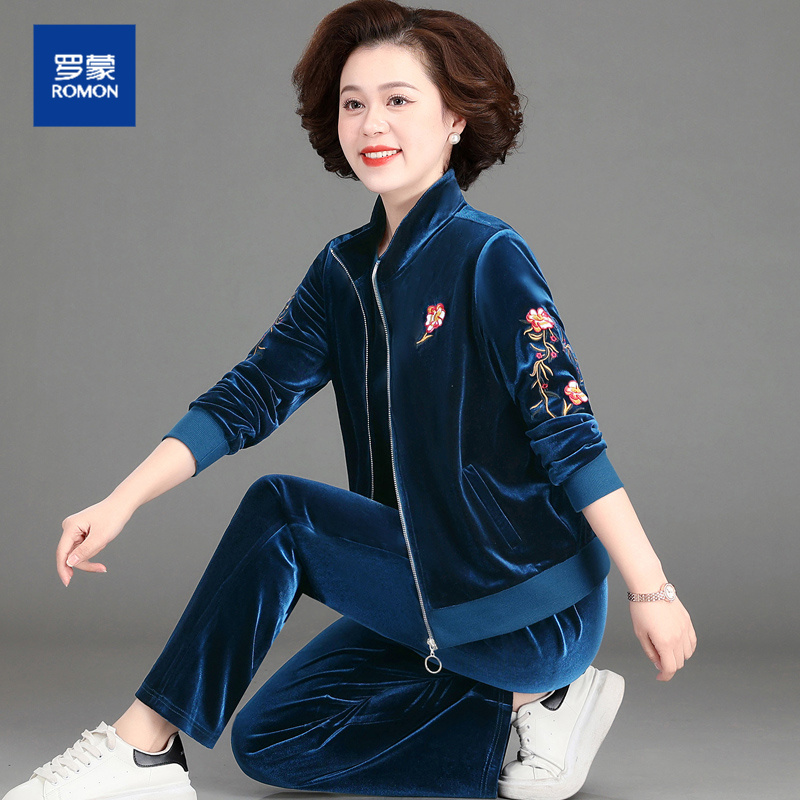 罗蒙妈妈装外套女春秋时尚气质中老年金丝绒运动服套装休闲三件套
