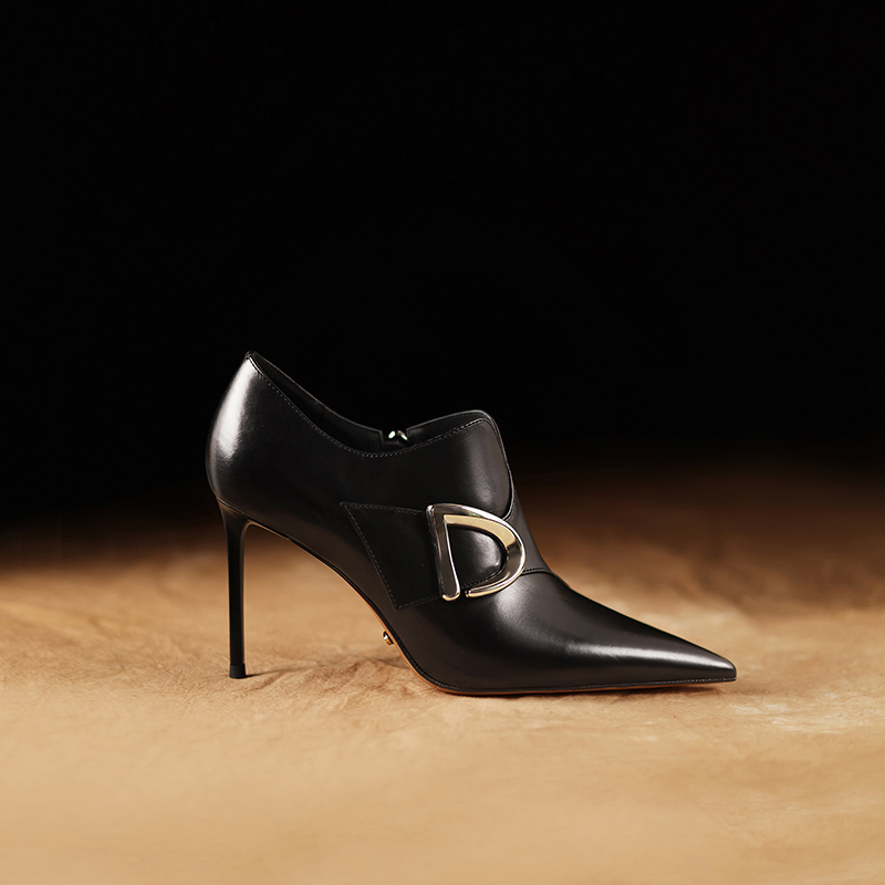 气质尖头细跟深口单鞋高端真皮职业女鞋春季新款黑色高跟鞋百搭