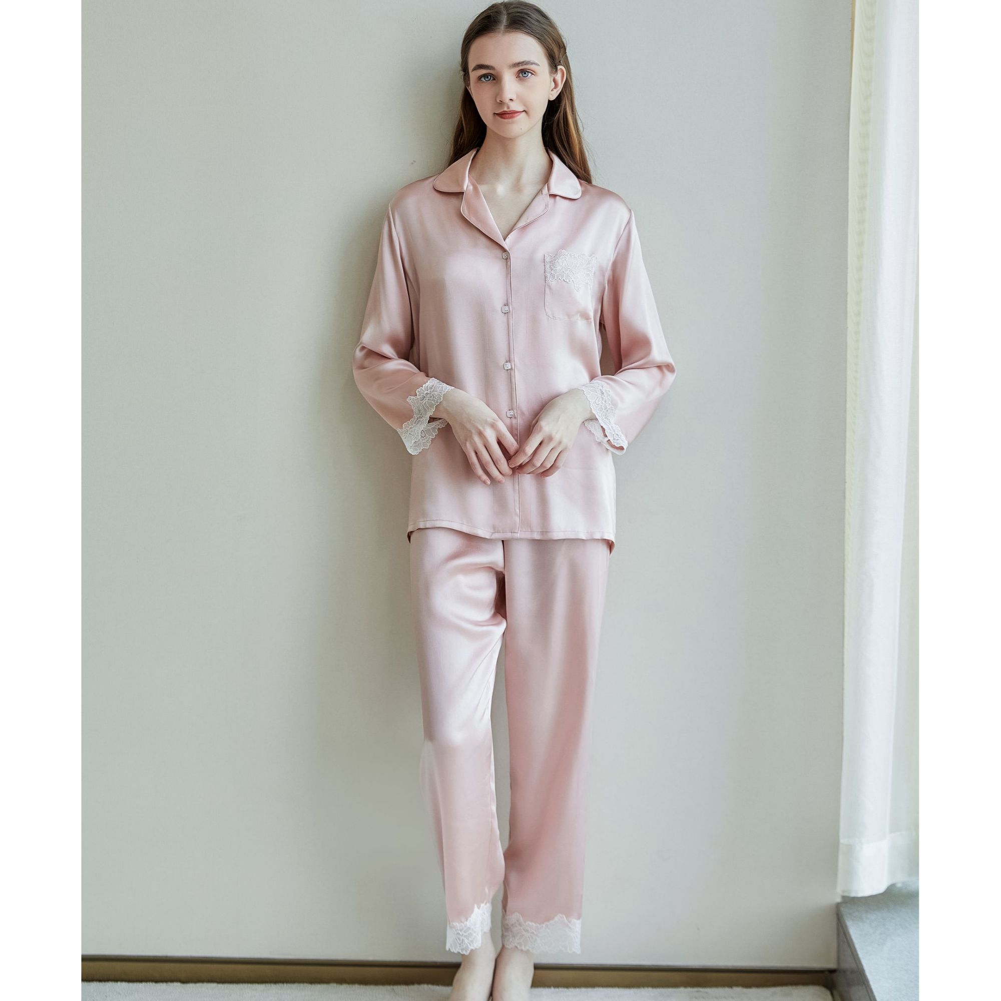 新款19姆米重磅真丝睡衣套装高级100%桑蚕丝长袖项链家居服