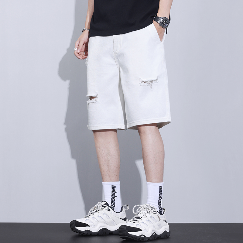 Kuvine破洞牛仔短裤男潮牌宽松休闲纯棉透气大码五分裤夏季中裤薄