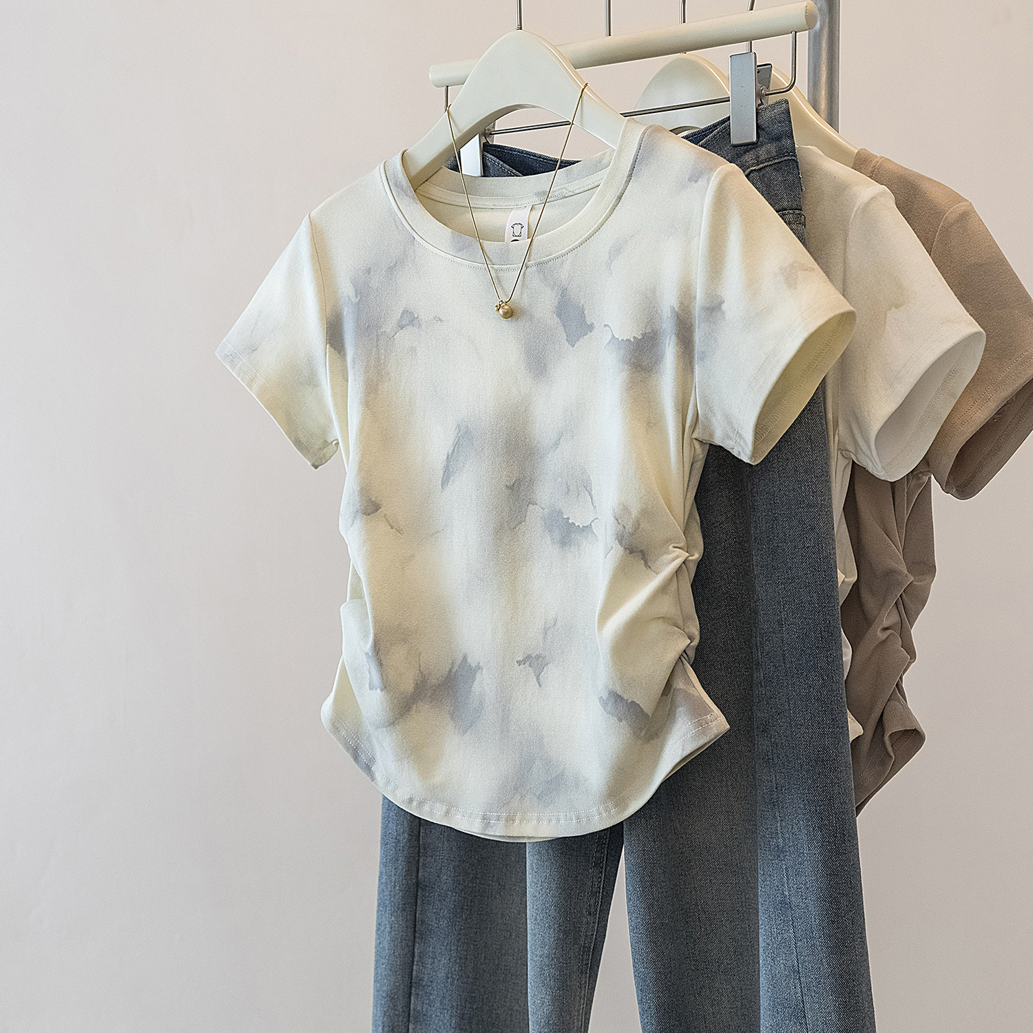 yoewshean/羽媗微胖mm大码女装美式印花扎染短袖t恤显瘦遮肉上衣