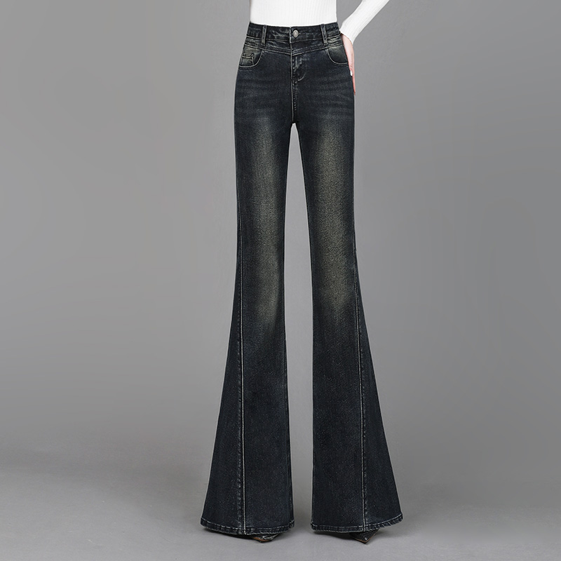 牛仔喇叭裤女修身2025秋冬新款大长腿显瘦高腰提臀深色微喇拖地裤