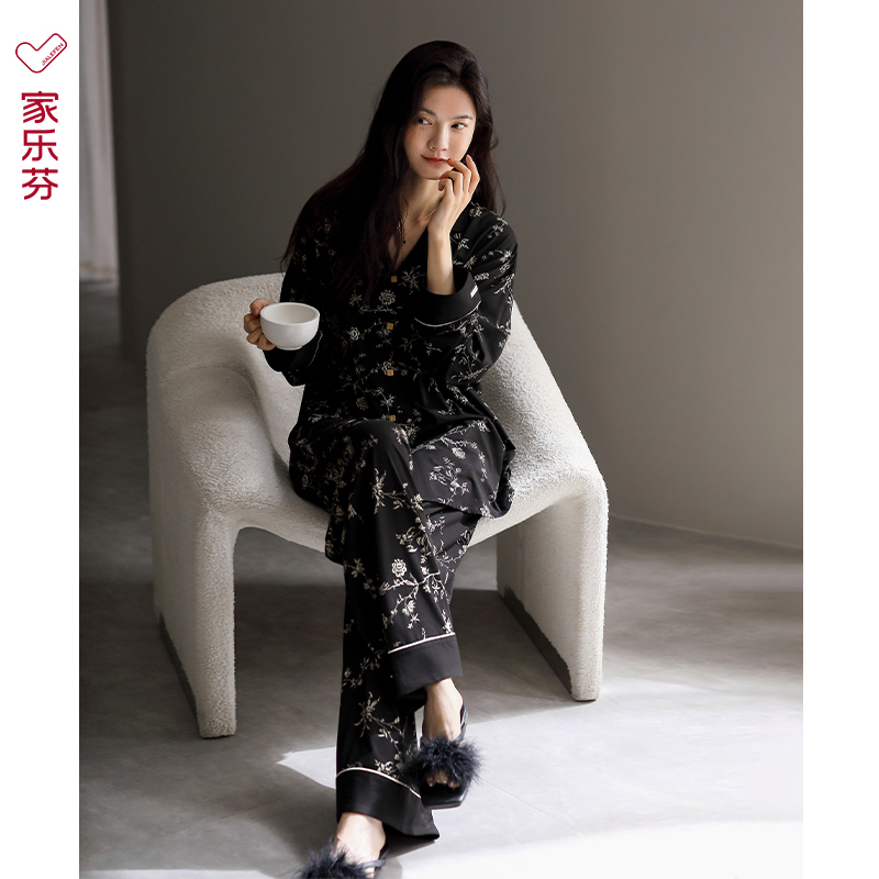 家乐芬睡衣女士春秋款莫代尔长袖家居服冰丝复古老钱风高级感套装