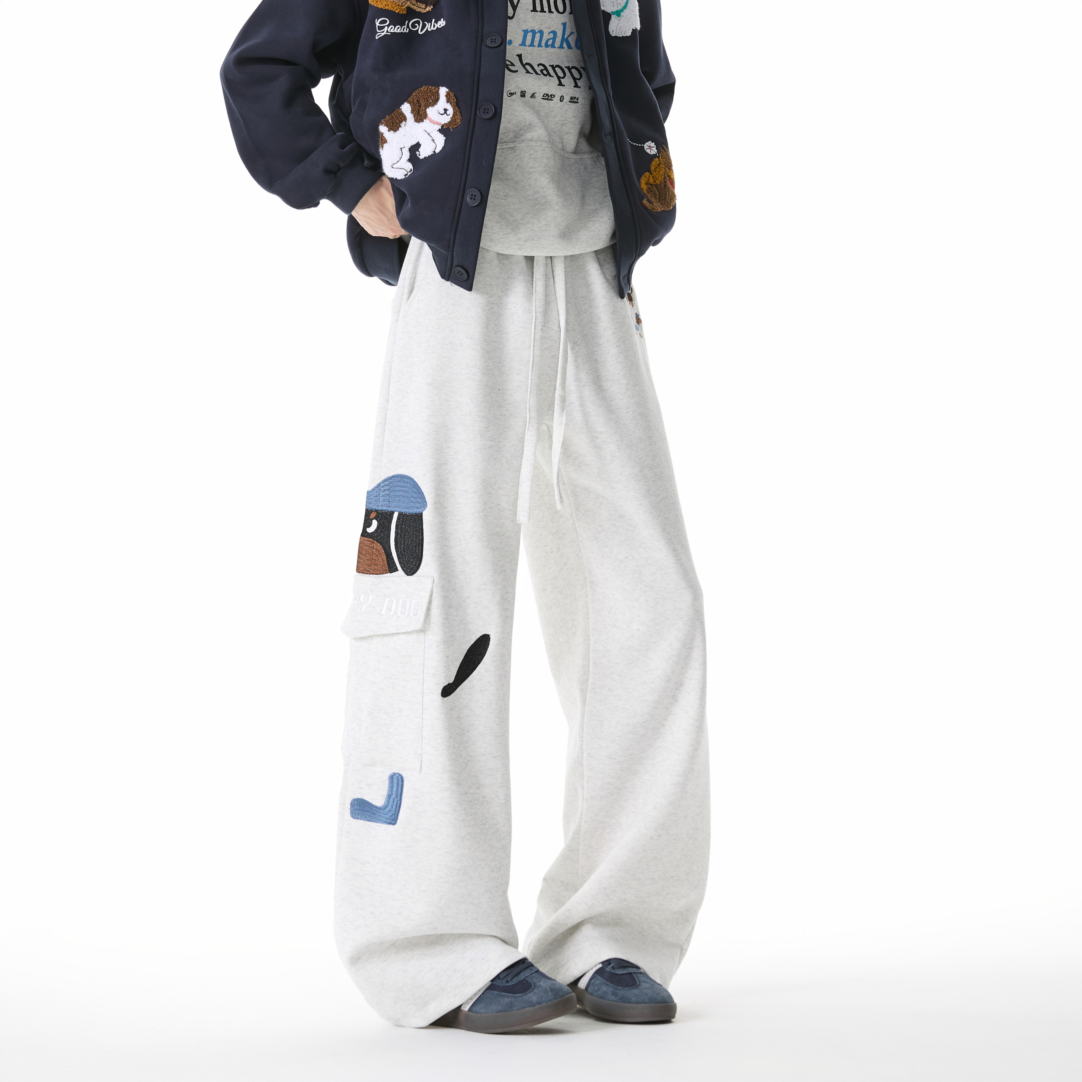 美式小狗刺绣卫裤秋季男复古多口袋休闲裤高街百搭抽绳宽松运动裤