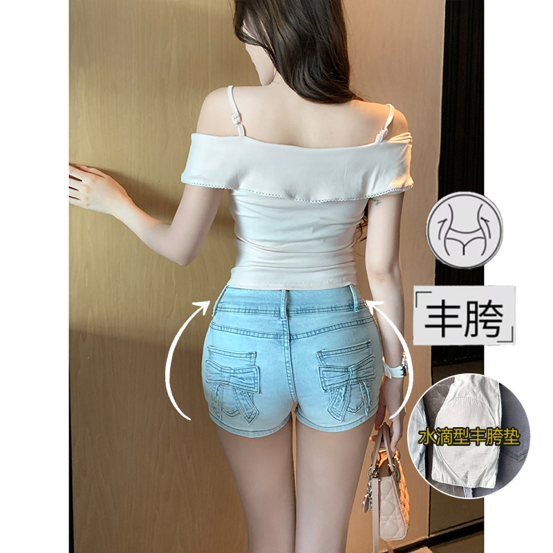蝴蝶结刺绣丰胯牛仔超短裤女2025冬季新款高腰弹力显瘦美臀热辣裤