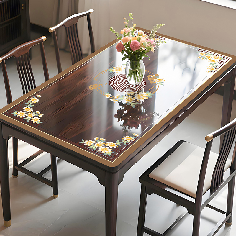 云海花间软玻璃中式餐桌垫防水防油防烫新款桌布茶几垫高端轻奢