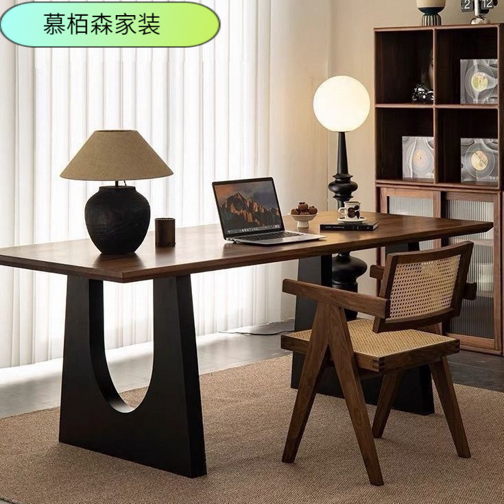 实木餐桌胡桃木色客厅大长书桌工作台大板餐卓书桌一体会议办公桌