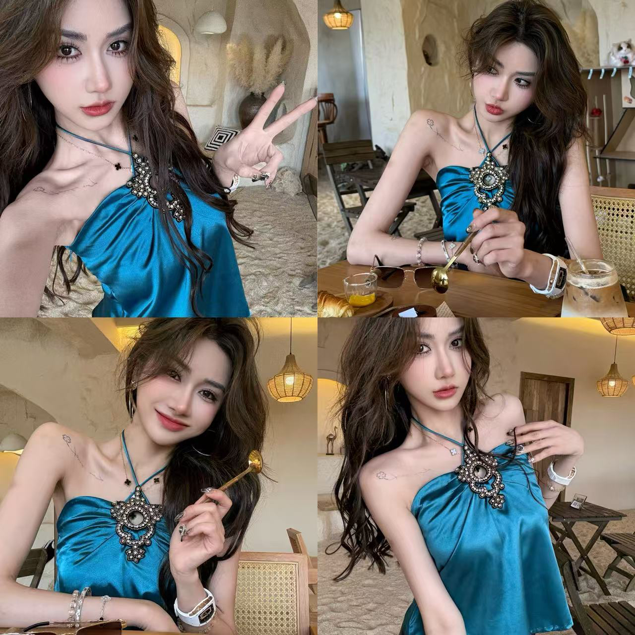 高级感重工镶钻缎面挂脖吊带背心女新款绝美洋气无袖上衣