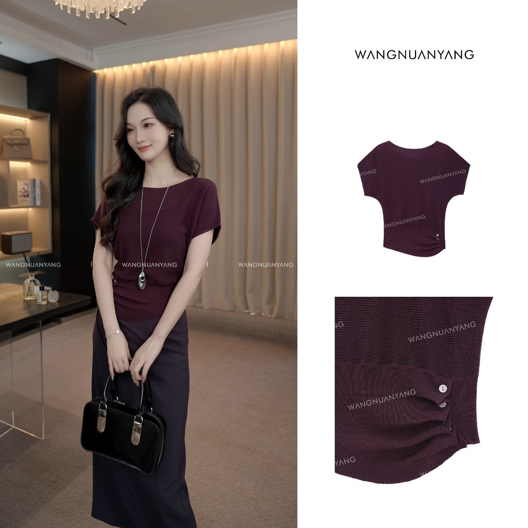 【王暖阳】高定气质|设计感斜摆捏褶系扣定染色小蝙蝠袖针织衫