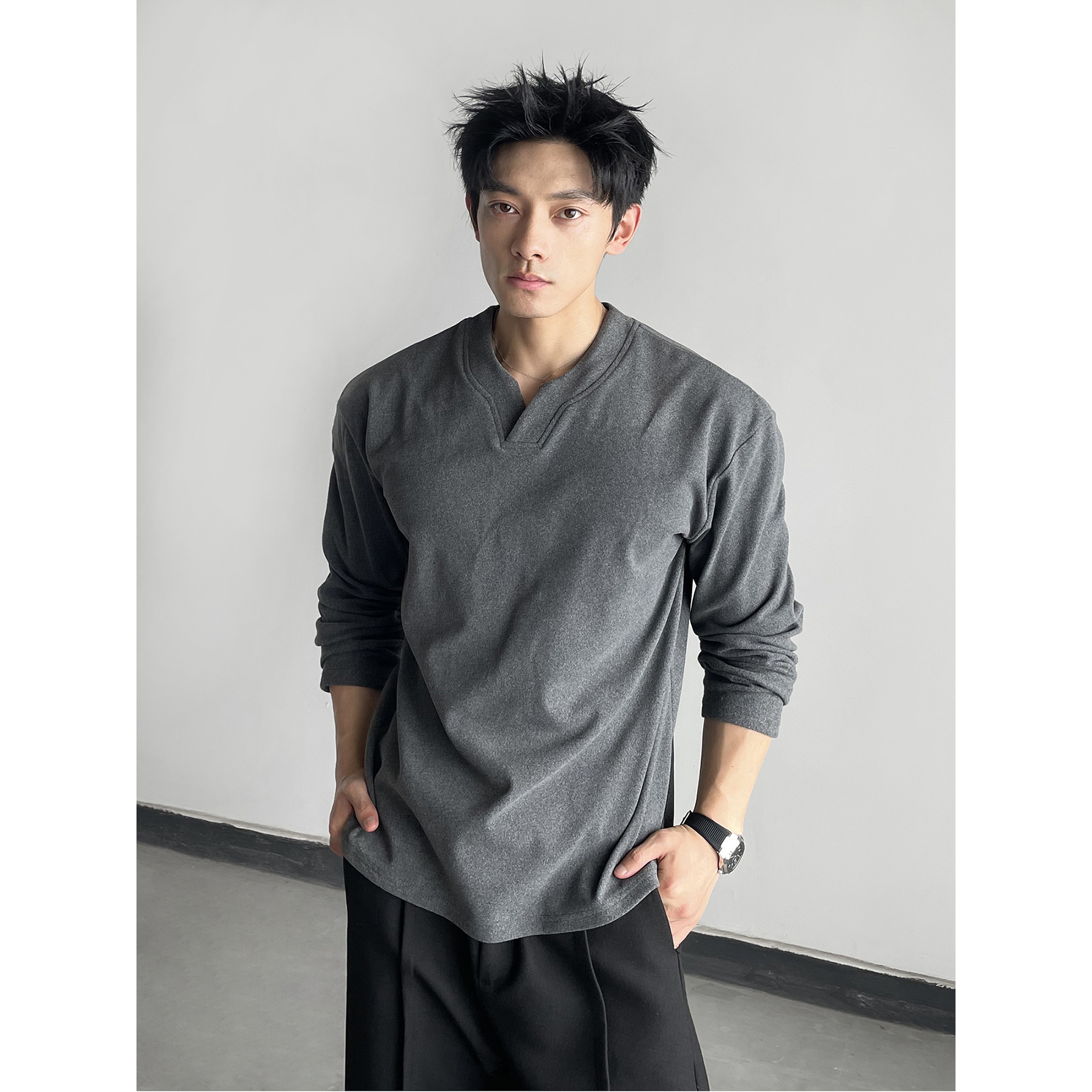 MASONSOUL 德绒打底衫长袖秋冬内搭男女短宽版型v领保暖百搭长t恤