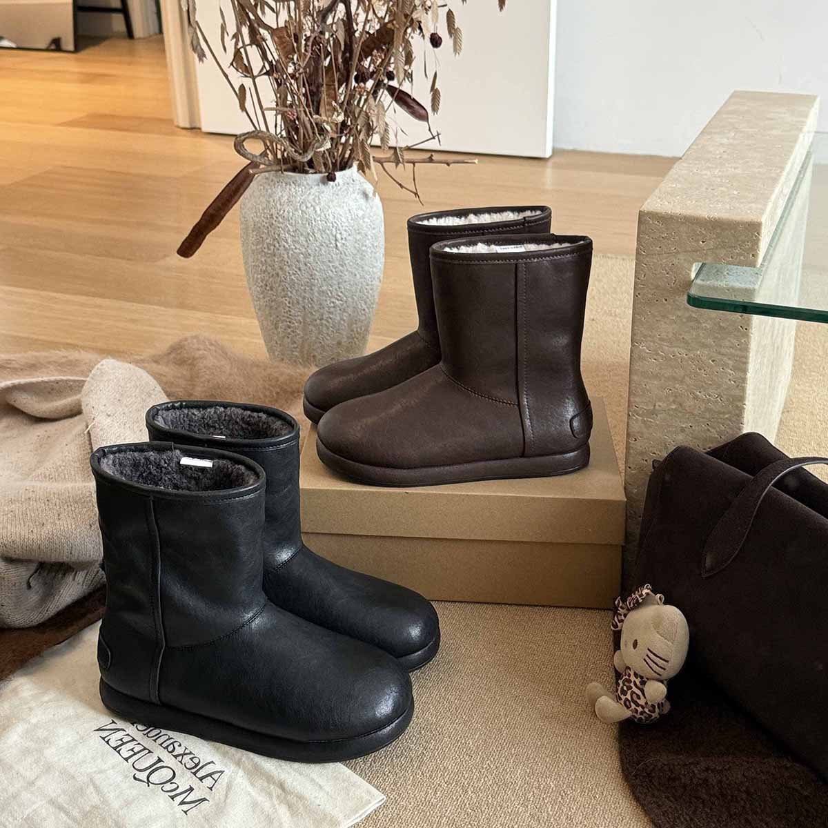 马皮雪地靴真毛女高版2025冬新款复古厚底加厚短筒保暖短靴冬季百