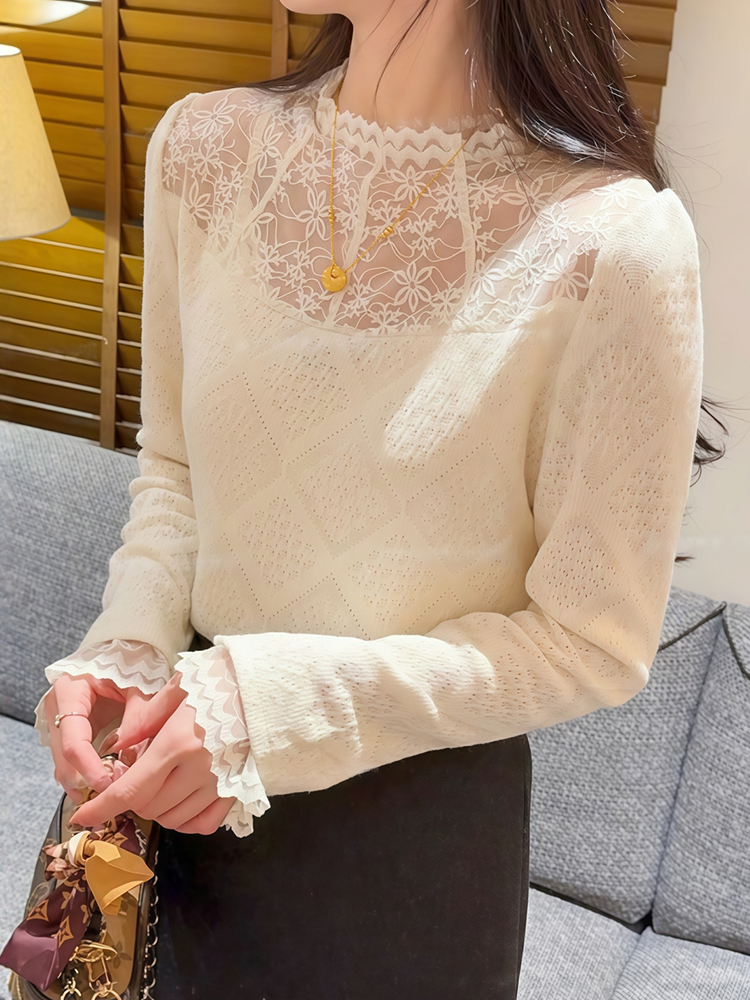 法式半高领蕾丝长袖t恤女2025新款打底衣女内搭高级感超好看上衣