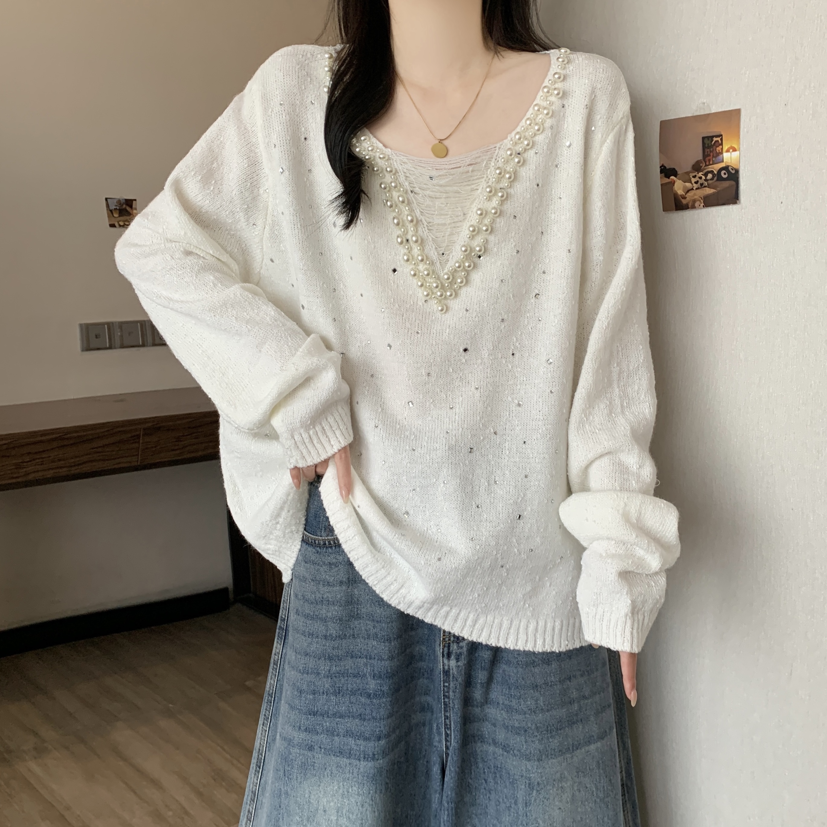 韩系气质钉珠V领毛衣针织衫女秋冬季大码胖mm洋气内搭打底衫上衣