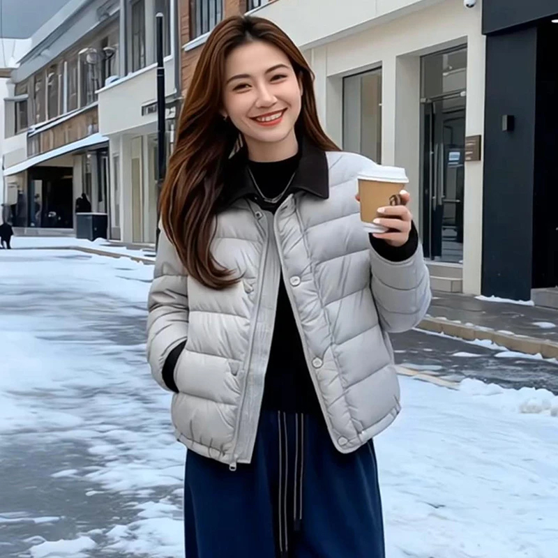 韩式棉服女设计感翻领拼接2025冬季新款时尚显瘦百搭风格短款棉服