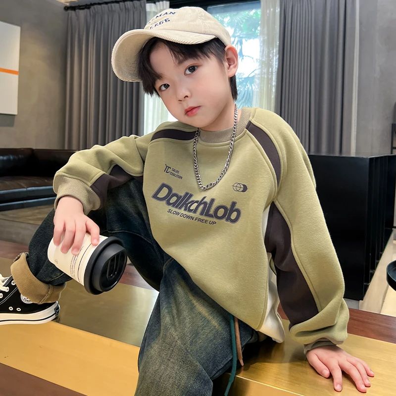 男童加绒加厚卫衣2025新款中大童秋冬季洋气儿童一体绒冬装上衣潮