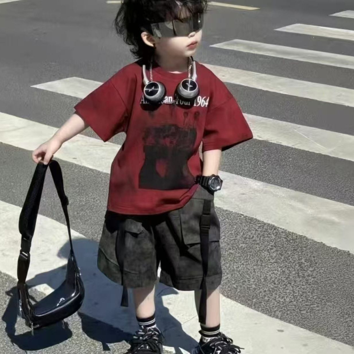 2025新款男童套装T恤夏季潮酷扎染短袖T恤洋气儿童短裤帅气两件套