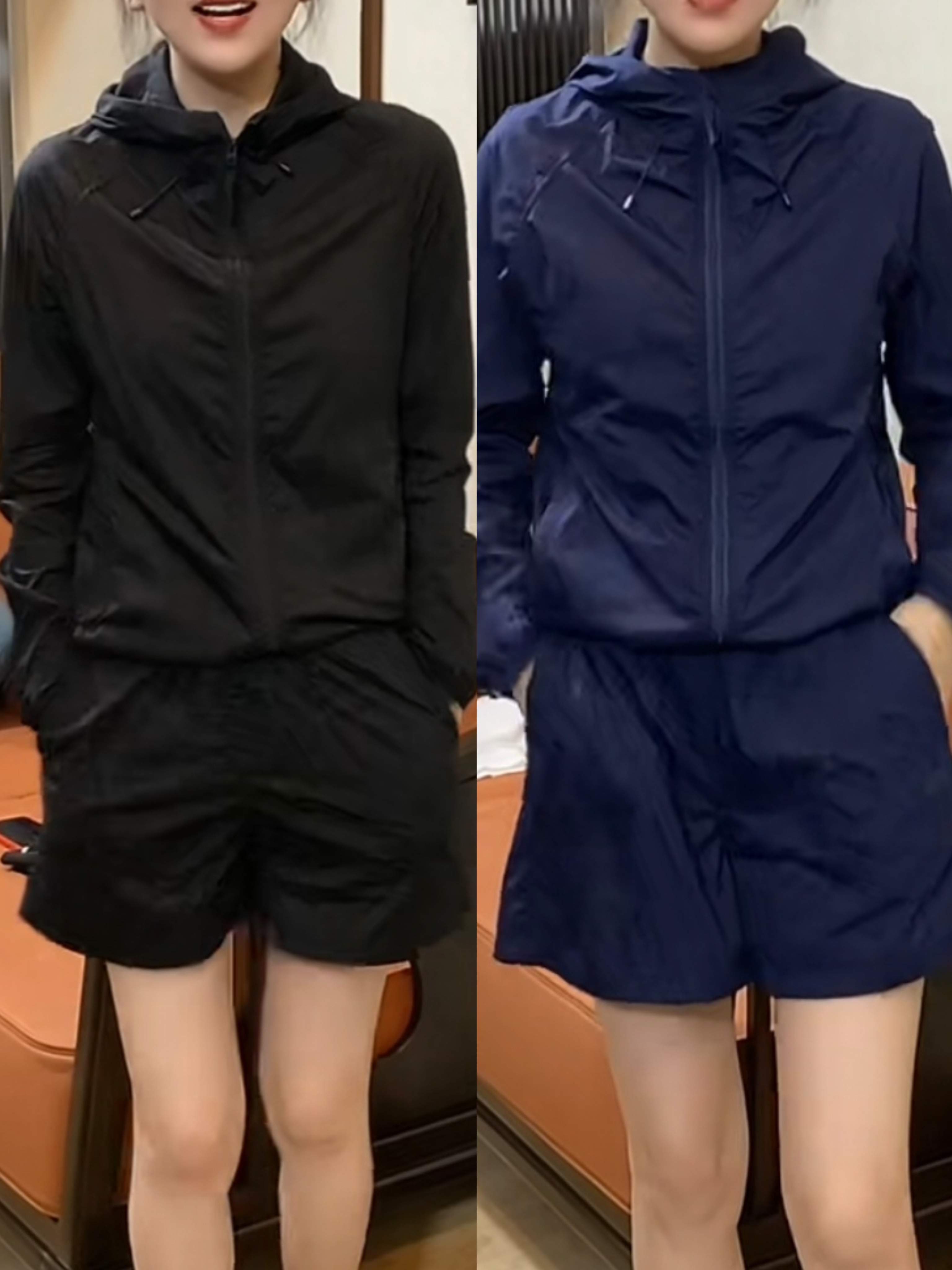 女森说夏季薄款休闲轻薄套装时尚透气连帽长袖短裤防晒运动两件套