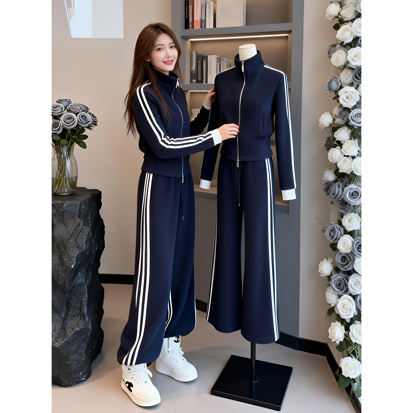 2025冬装搭配时尚套装时髦高级感深蓝色立领修身开衫阔腿裤两件套
