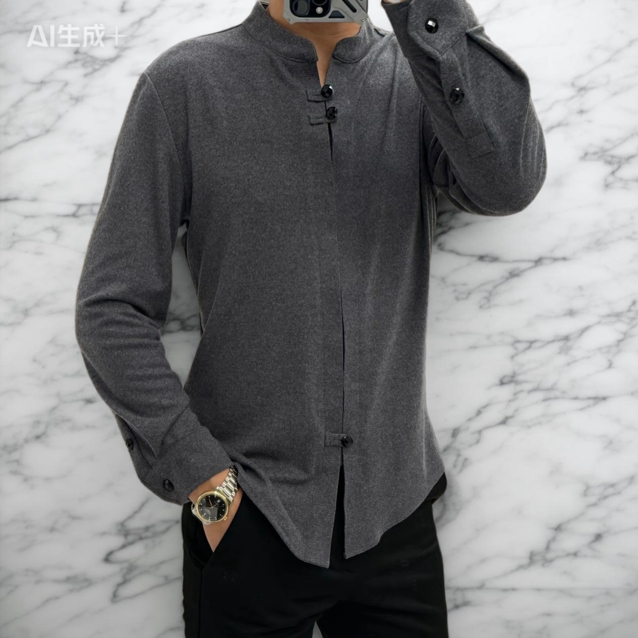 男士中式磨毛立领长袖衬衫盘扣唐装风格内搭上衣复古小衫