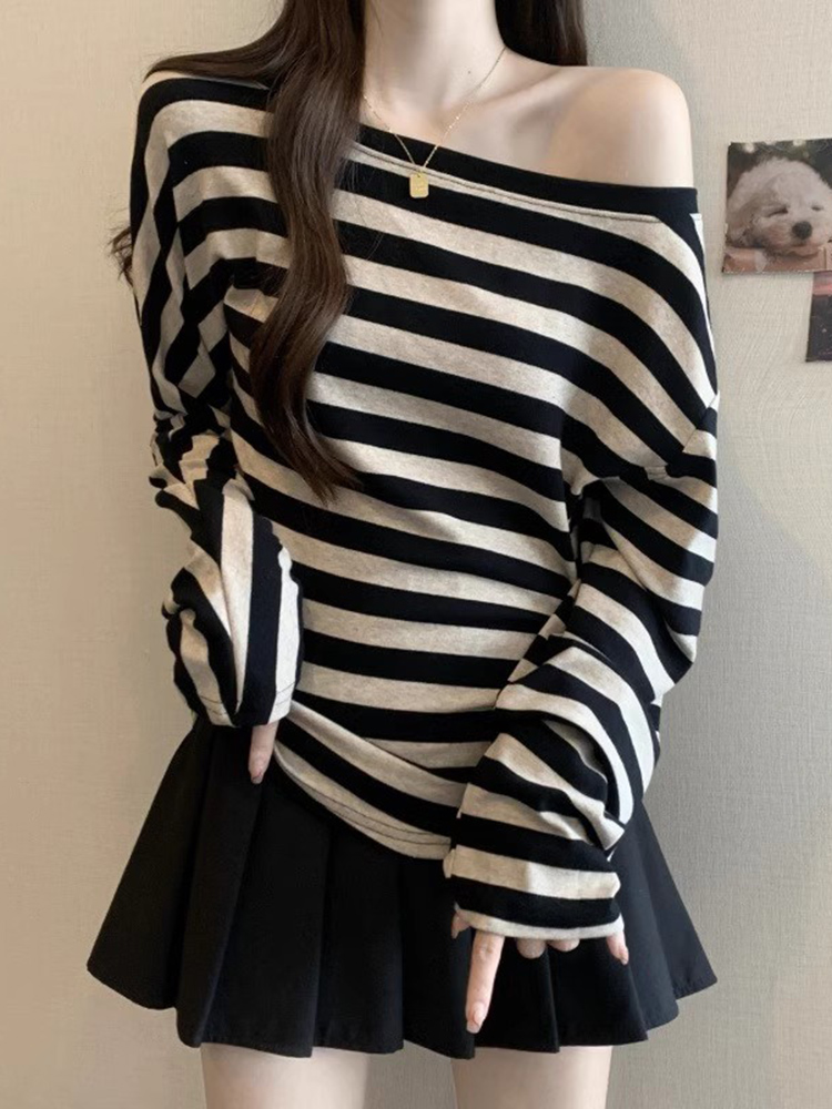 慵懒风松弛感斜肩条纹长袖T恤女2025秋冬大码胖mm打底衫掐腰上衣