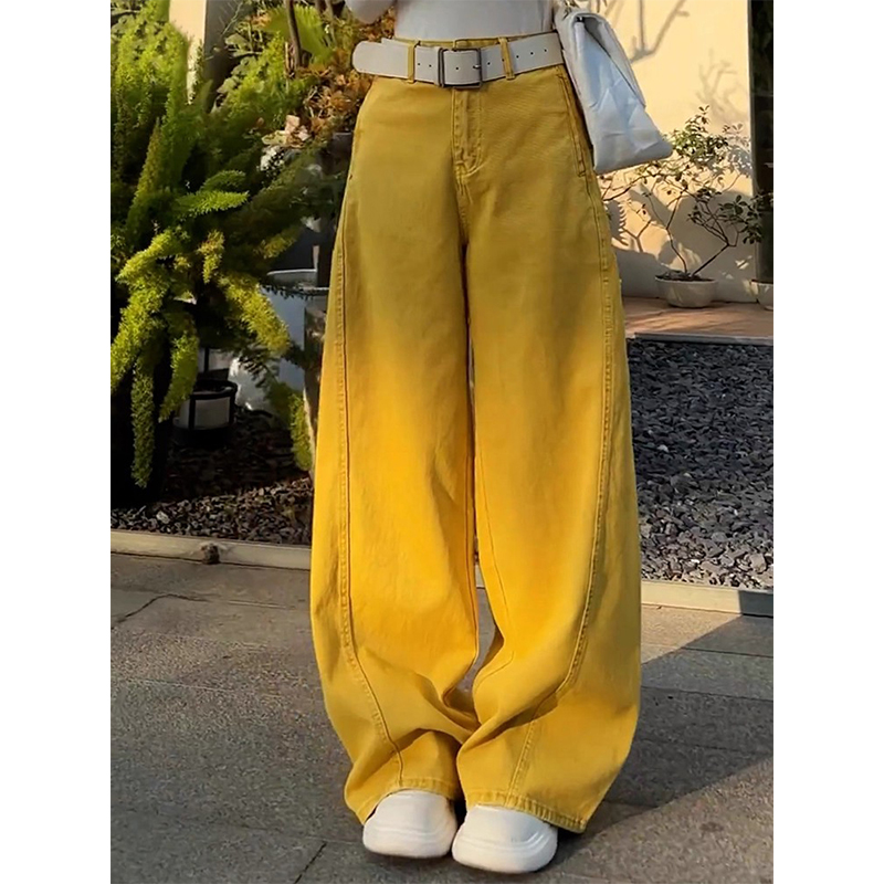 拉夏贝尔黄色爆款牛仔弯刀阔腿裤女春秋季2025宽松松弛感拖地裤子