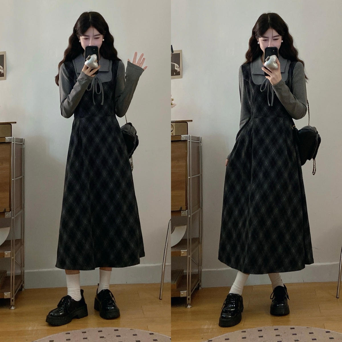 大码法式复古假两件学院风格纹秋冬季新款赫本风显瘦长款连衣裙女