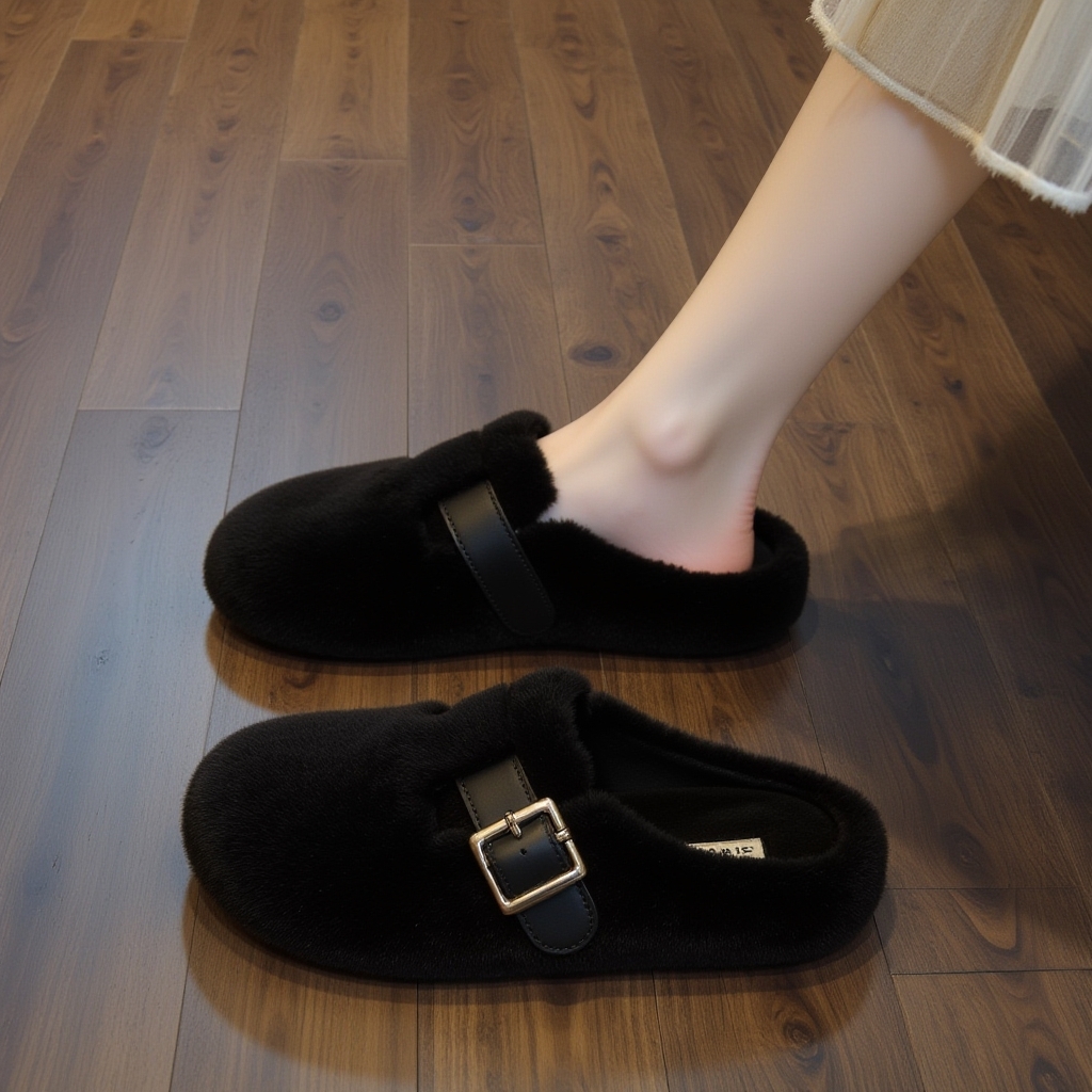 黑色厚底勃肯毛毛拖鞋女一脚蹬增高加绒保暖秋冬季2025新款棉拖鞋