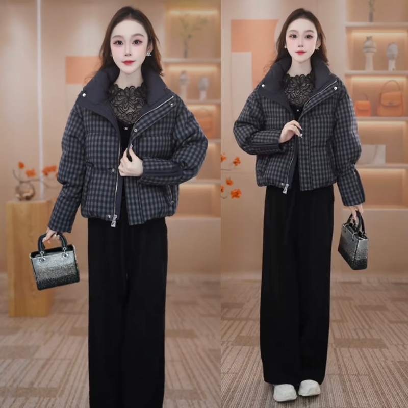 格纹时尚棉衣棉服女2025秋冬新款百搭保暖显瘦宽松加厚棉袄面包服