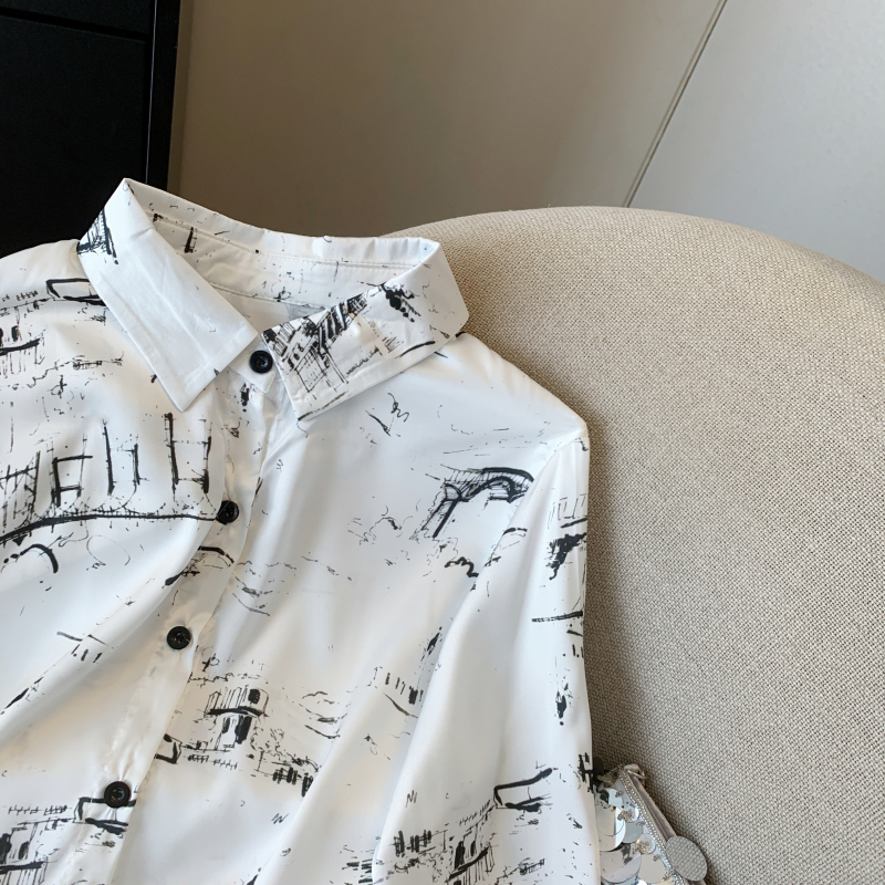 拉夏贝尔新款休闲涂鸦印花长袖高级雪纺衬衫上衣时尚百搭显瘦开衫