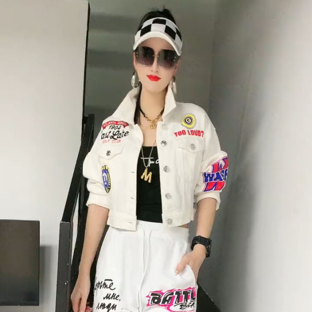 潮流春秋个性涂鸦印花牛仔上衣套装嘻哈女高档修身棉束脚裤两件套