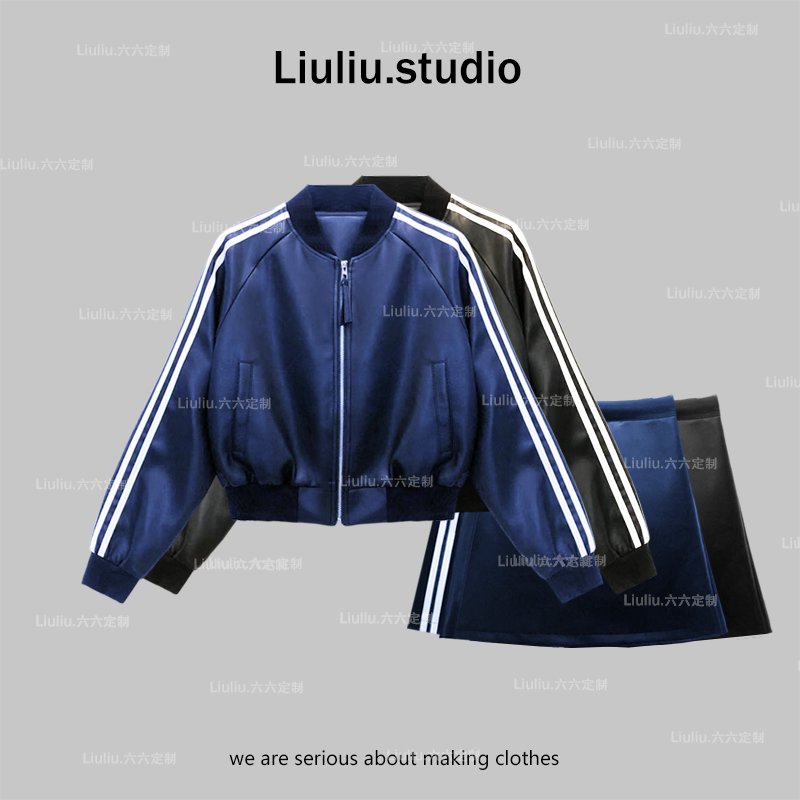 LiuLiu定制【亮面高级】早秋新品设计感夹克外套+显瘦裙裤休闲套装