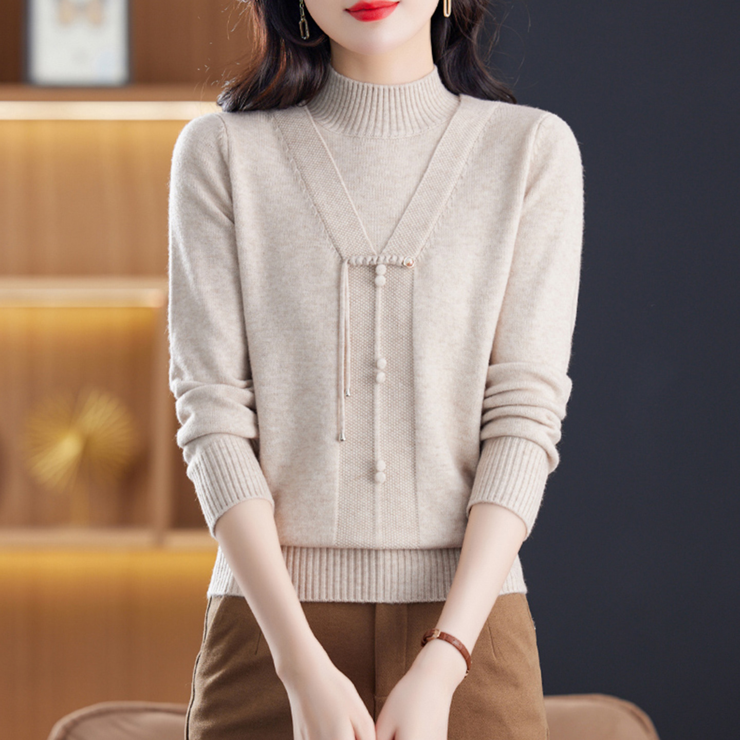 国风盘扣假两件针织打底衫女2025秋冬装新款加厚保暖长袖内搭毛衣