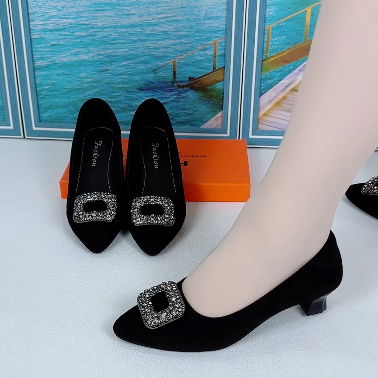 新款2公分羊晶绒洋气韩版四季浅口小单鞋水钻方扣法式尖头1557