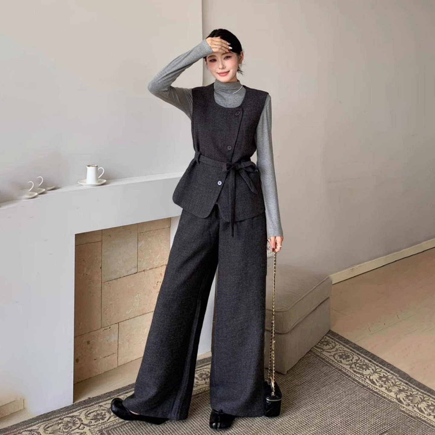 高级感长袖针织打底马甲阔腿裤三件套女2025韩系早秋穿搭轻熟套装