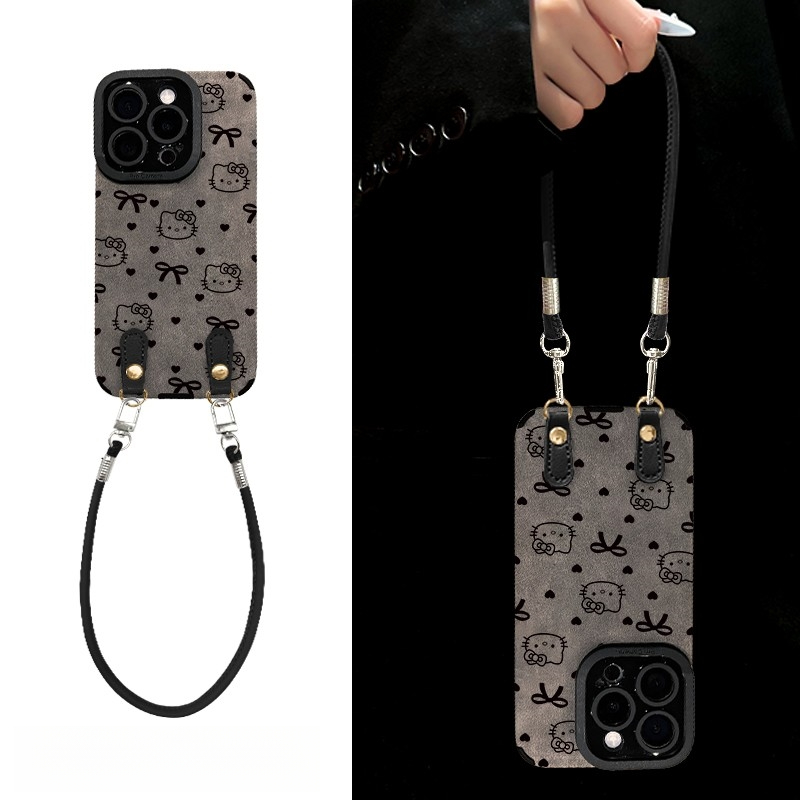 适用蝴蝶结kt猫苹果16瞳眼翻毛皮挂绳手机壳华为vivo小米oppo女